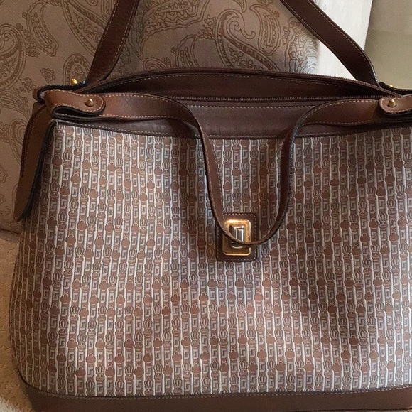 Judith Leiber brown leather/fabric hand bag - Picture 7 of 12